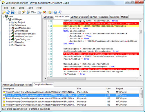 VB Migration Partner - Compilation Results pane